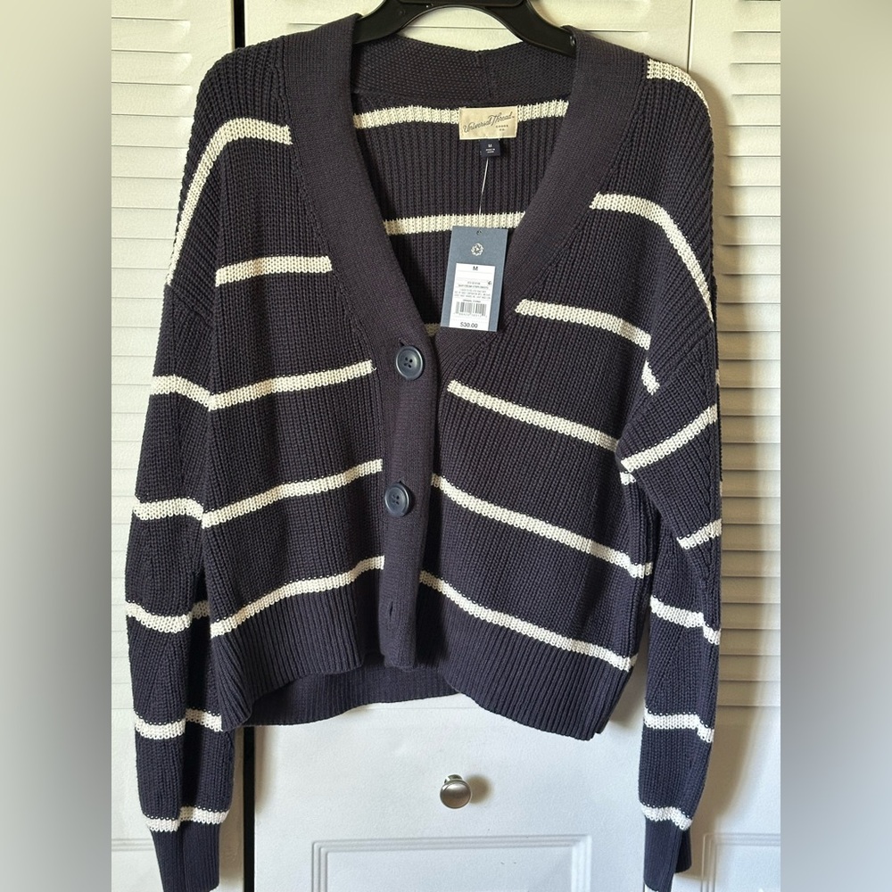 Universal Thread ladies Navy Blue  Cardigan with Cream Stripes